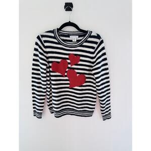 Cupcakes & Cashmere Navy White Striped Red Heart Crew Neck Sweater-Size XS